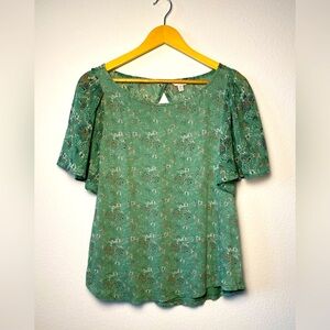 LUCKY BRAND GREEN FLORAL FLUTTER SLEEVE‎ TOP WOMANS SIZE MEDIUM